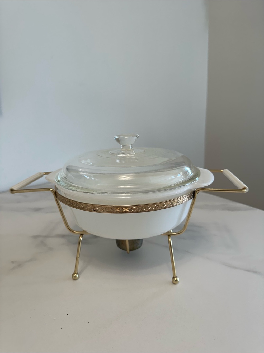 Vintage White Fire King AnchorWhite Casserole Dish w/ Glass Lid & Warming Stand